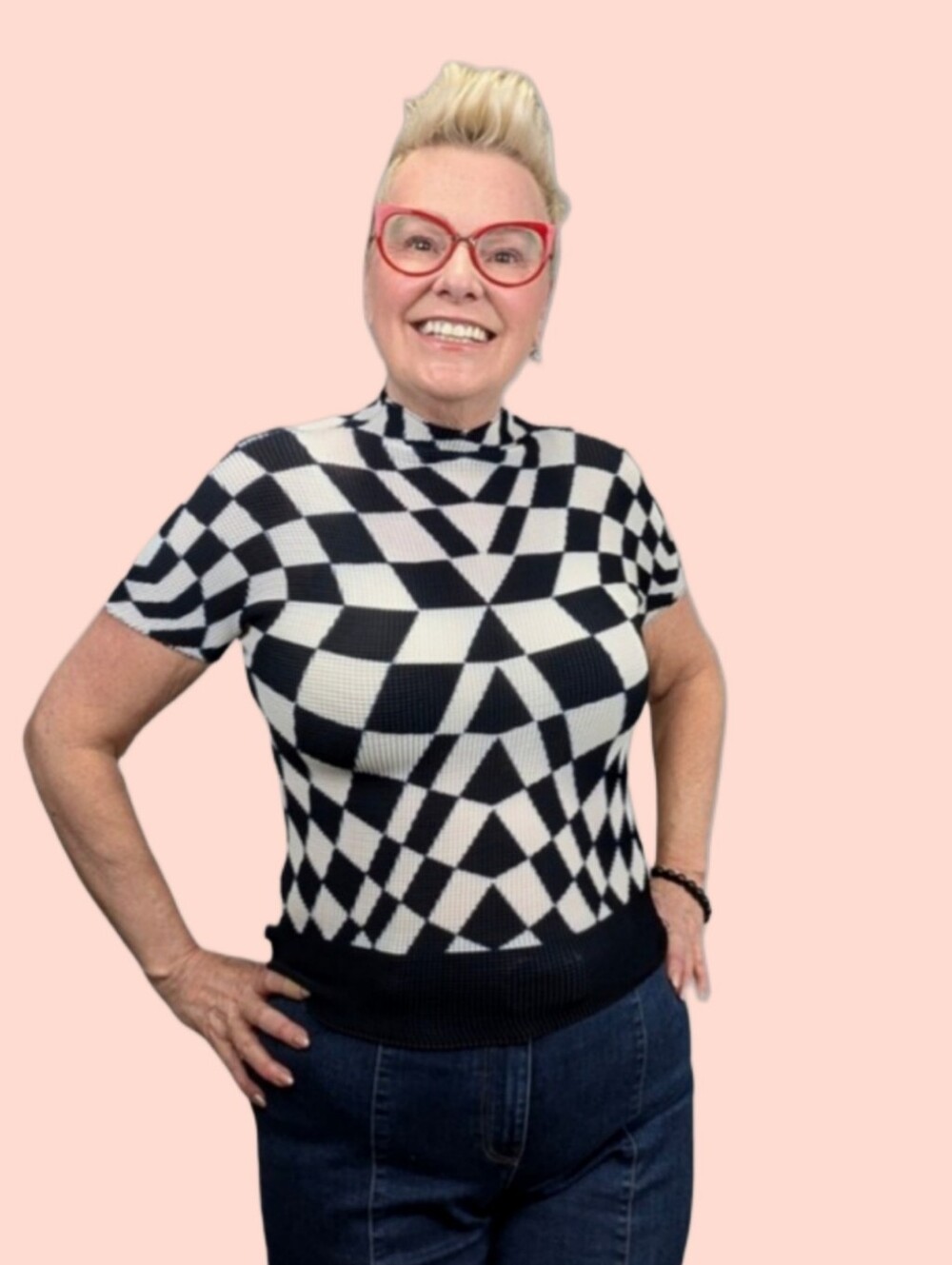 Kate Hewko Mock Neck Top -  Black & White Geometric